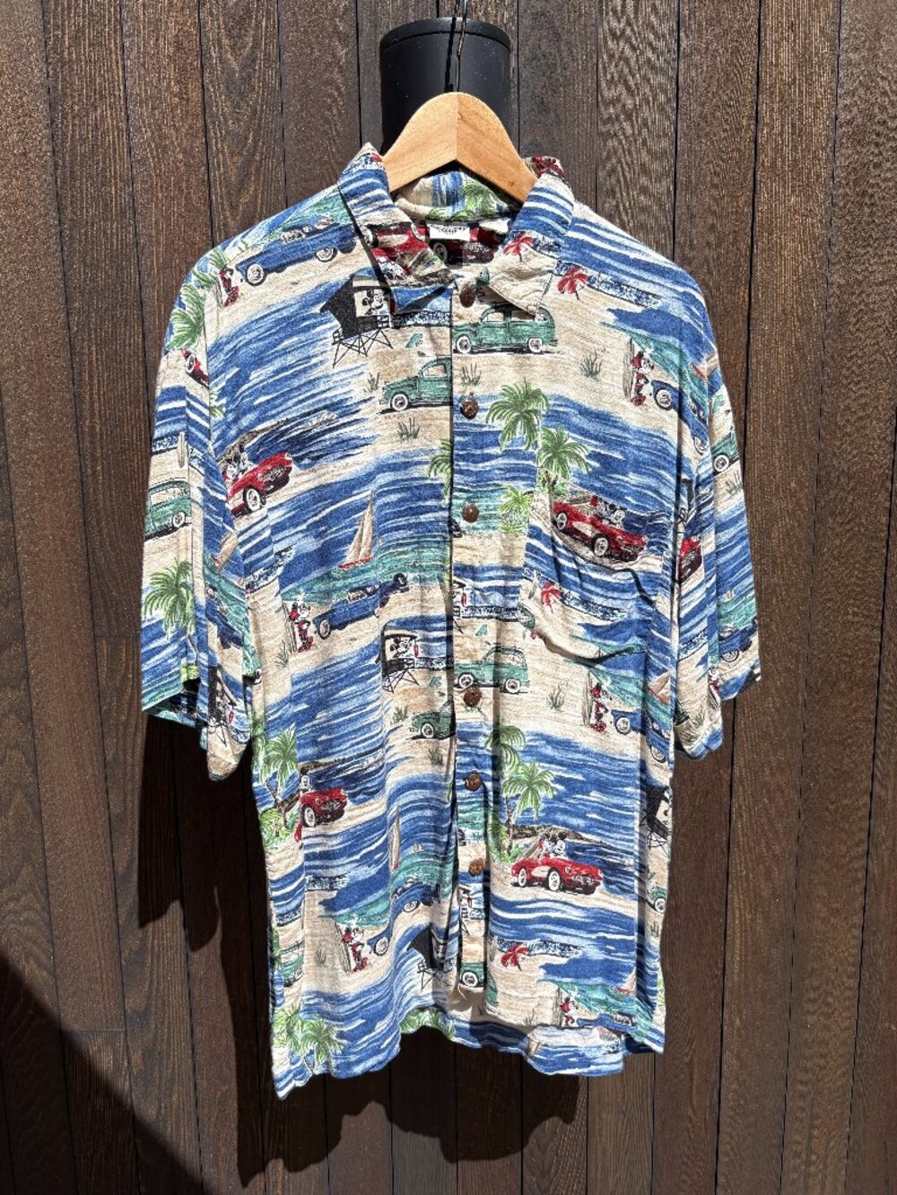 Vintage Hawaiian Button Up Shirt. Disney Catalog Mickey Minnie Car - Medium